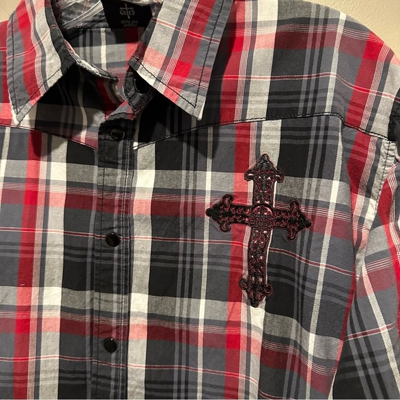 Edify Shirt Mens Large Button Up Embroidered Crosses Plaid Biker Rockabilly - Picture 3 of 8